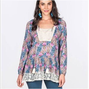 Matilda Jane Sz L Make Believe Sew Perfect Top Womens Blouse Peasant Lace Floral